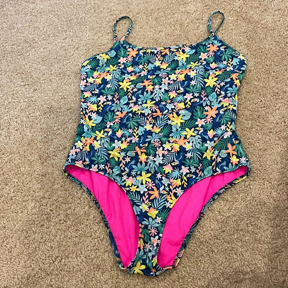 chubbies Navy Tropical Floral One-Piece with Pink Lining